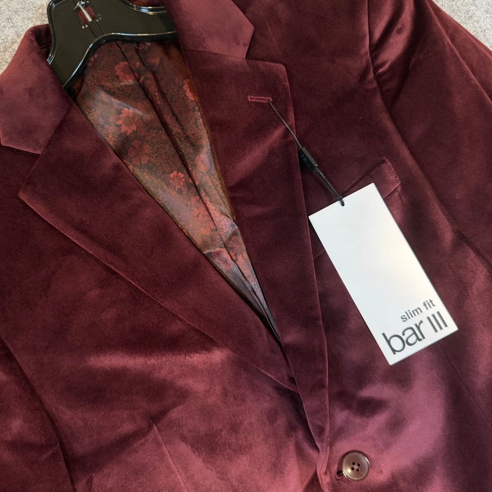 Bar III Mens Slim Fit Velvet Blazer Burgundy Red Jacket 38S New with Tags